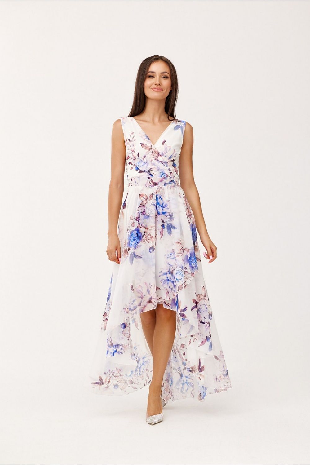 Asymmetrical floral chiffon dress by Roco Fashion, designed to enhance femininity and comfort, ideal for both tall and petite women.