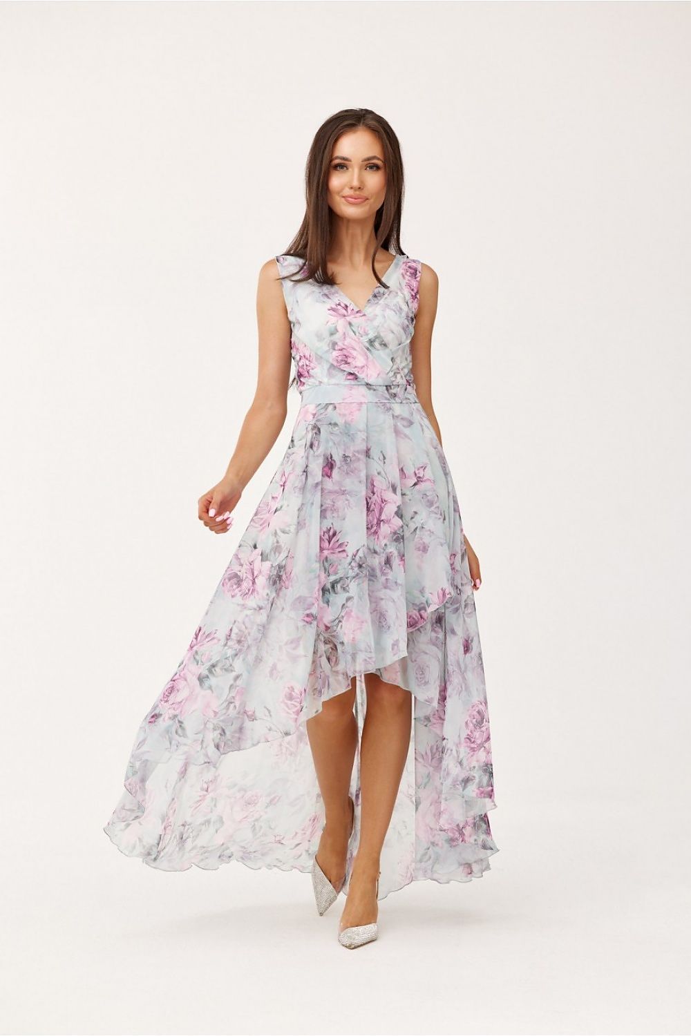 Elegant Floral Chiffon Maxi Dress by Roco Fashion, showcasing an asymmetrical cut and envelope neckline, perfect for formal occasions.