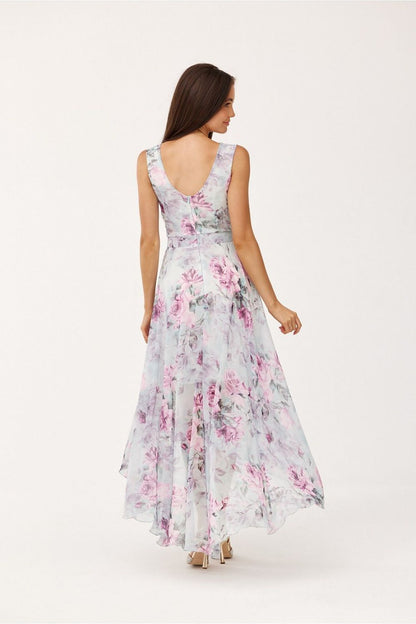Stylish model wearing the Roco Fashion floral chiffon maxi dress, illustrating its flattering fit and elegant silhouette.