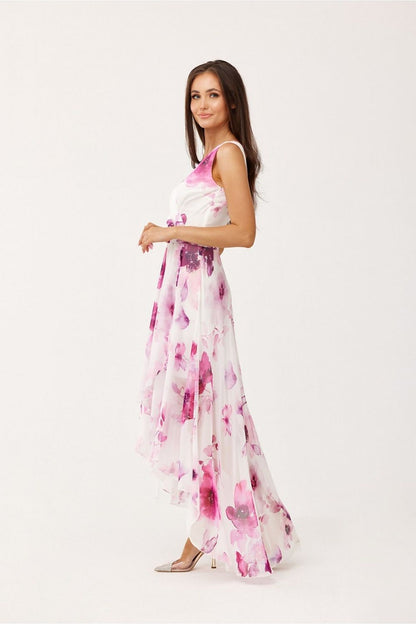Elegant Floral Chiffon Maxi Dress by Roco Fashion featuring a stunning envelope neckline and asymmetrical cut, ideal for showcasing feminine elegance.