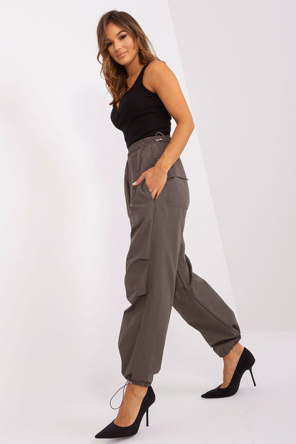 Detail view of Och Bella exquisite women's parachute trousers with drawstring finishes, exemplifying refined fashion for modern women.