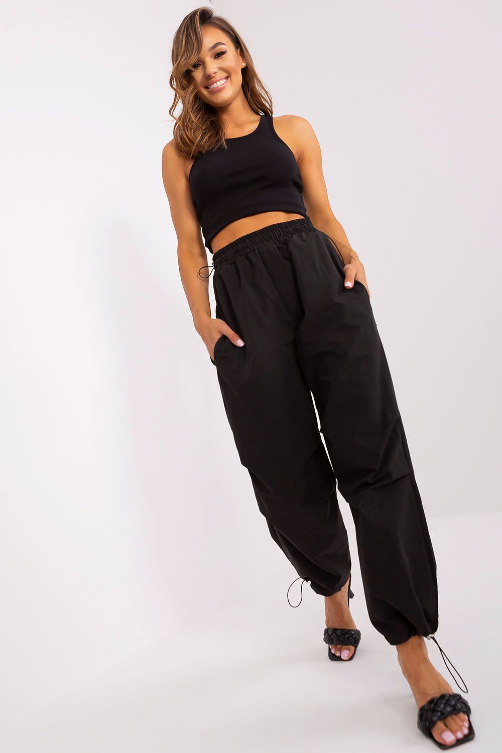 Och Bella women's stylish parachute trousers featuring drawstrings and side pockets for a luxurious look and comfort.