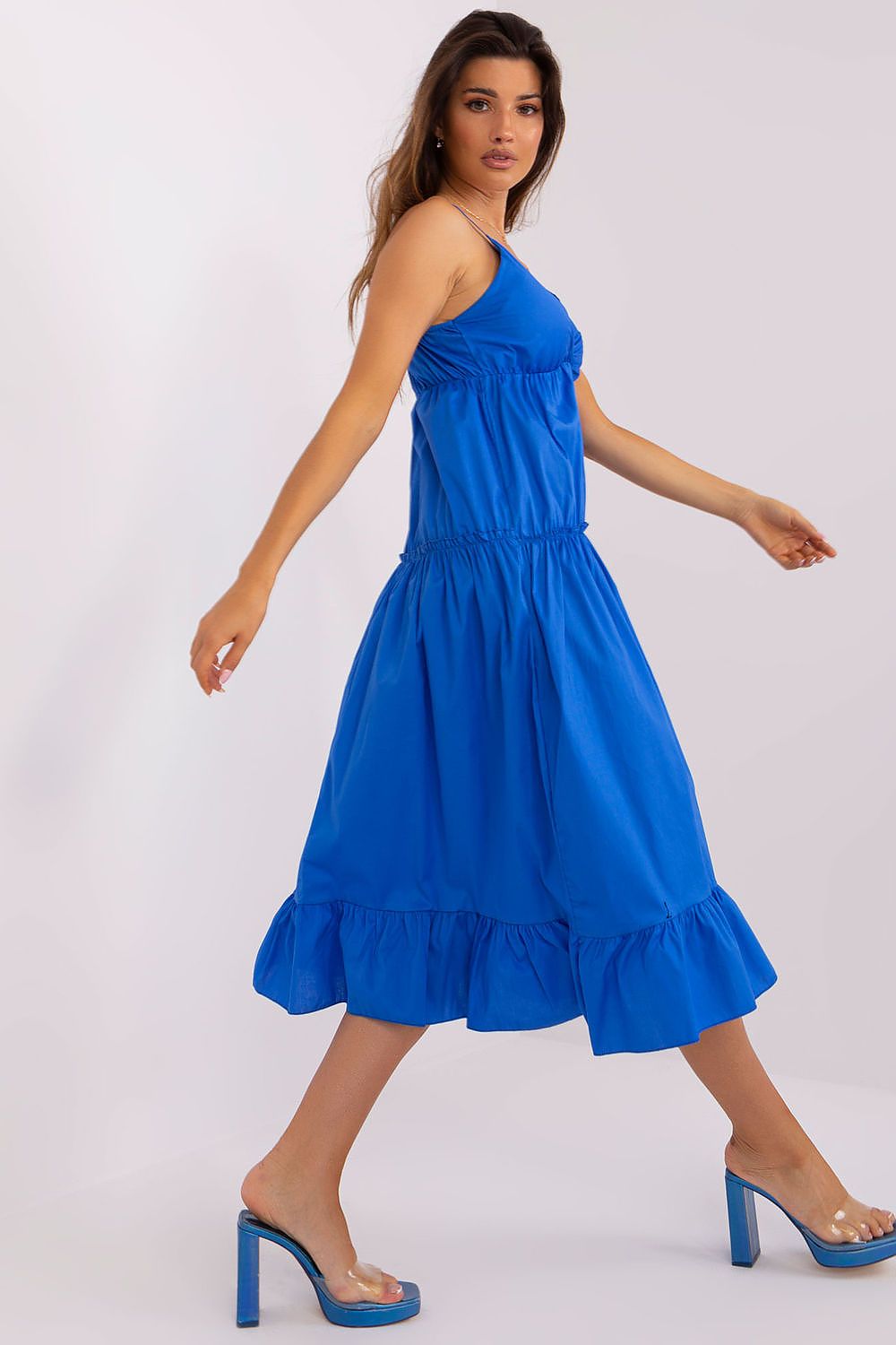 Detailed view of Och Bella women's summer dress showcasing the envelope neckline and exquisite ruffle accent for a sophisticated summer look.