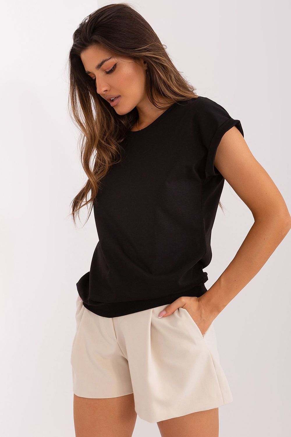Elegant short sleeve blouse by Relevance featuring a decorative heart-shaped mesh insert on the back, crafted from a luxurious cotton and spandex blend.