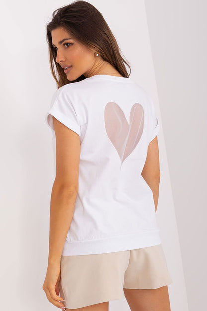 The elegant short sleeve blouse by Relevance laid flat, emphasizing its soft cotton and spandex blend, ideal for comfortable luxury wear.