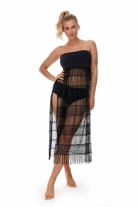 Lupo Line Black Boho Style Pareo Tunic, a versatile luxury beach dress or skirt featuring elegant lace detailing and playful tassels, perfect for summer wear.