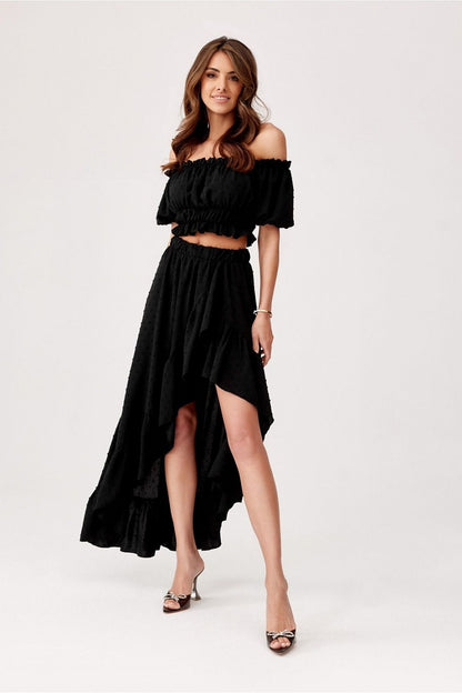 Roco Fashion summer ensemble featuring an elegant asymmetrical blouse and skirt set in a stunning colour spectrum.