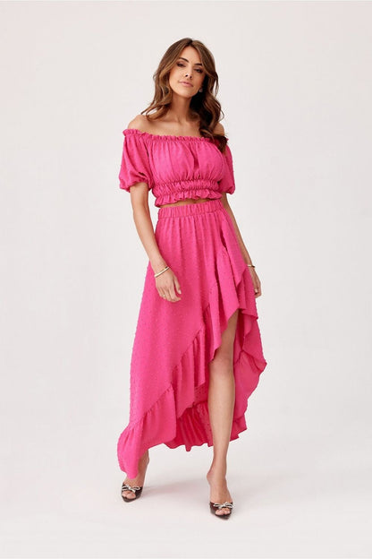 Roco Fashion luxury asymmetrical blouse and skirt set made of soft fabric, featuring frills and an elegant design, perfect for summer wear.