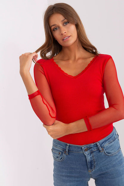 Elegant Rue Paris ribbed blouse featuring transparent long sleeves and heart neckline, perfect for luxurious style.