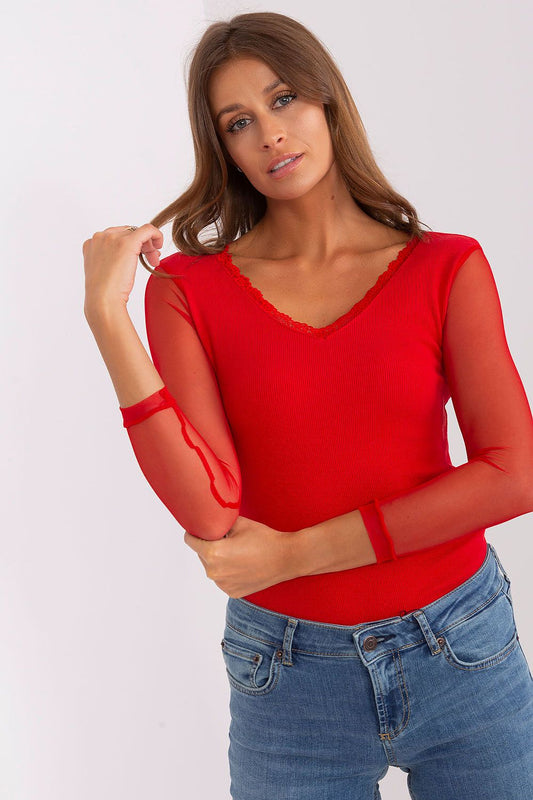 Elegant Rue Paris ribbed blouse featuring transparent long sleeves and heart neckline, perfect for luxurious style.