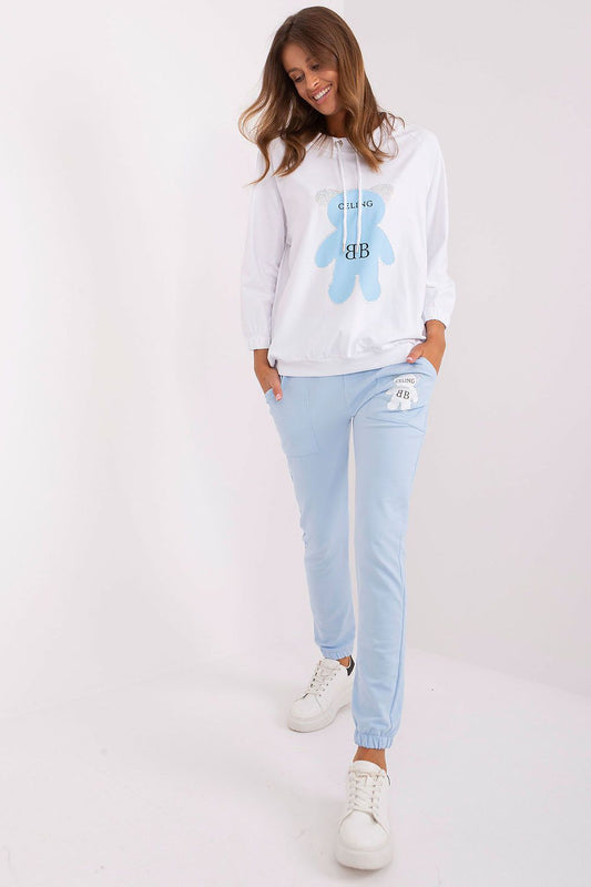 Luxury teddy bear print sweatshirt set by Relevance, featuring long sleeves and round neckline, perfect for stylish comfort.