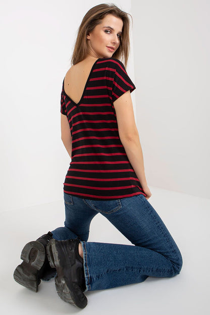 Stylish Women's T-shirt with striped pattern and V-shaped cutout on the back, designed by BFG for a luxurious casual look.