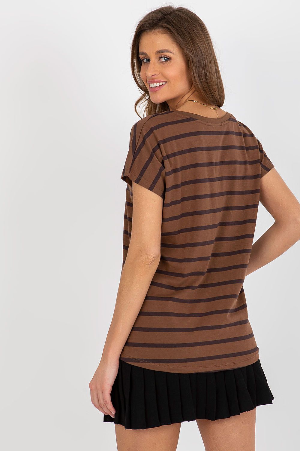 Style showcase of the BFG Women's striped T-shirt with short sleeves, highlighting its chic design and premium fabric blend, ideal for fashionable outings.
