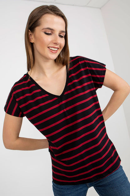 Luxury striped women's t-shirt with heart neckline by BFG, crafted from a premium cotton and spandex blend, showcasing elegant short sleeves.