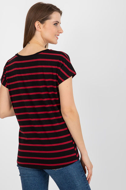 Stylish women's striped t-shirt with heart neckline by BFG, designed for luxury comfort with a cotton and spandex blend, ideal for day-to-night wear.
