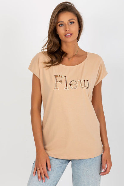 Luxury women's casual cut t-shirt in soft beige featuring decorative cut-out inscription 'Flew', crafted from a premium cotton and spandex blend by vendor Fancy.