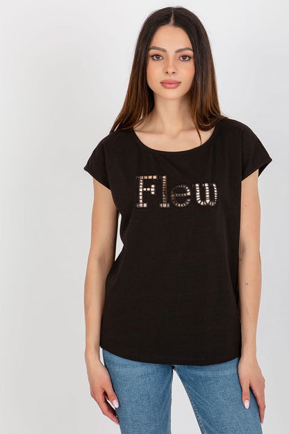 Sophisticated luxury women's black t-shirt showcasing cut-out decorative 'Flew' inscription, crafted by Fancy. Ideal for a stylish and comfortable casual outfit.