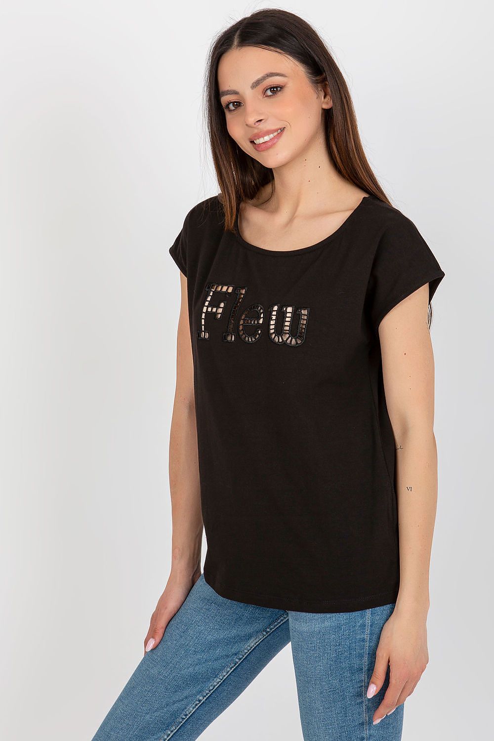 Chic luxury women's black cut t-shirt with 'Flew' cut-out detail, designed by Fancy. A versatile addition to elevate any casual wardrobe.