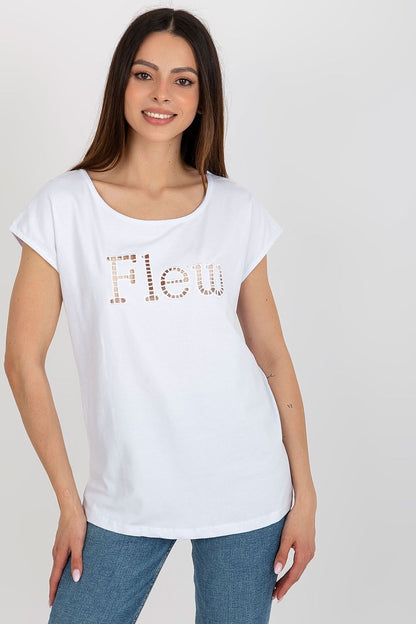 Elegant women's casual t-shirt by Fancy, featuring a decorative cut-out inscription 'Flew', styled with short sleeves and a round neckline in a sophisticated white fabric.