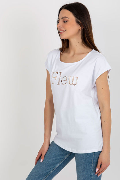 Fashionable white t-shirt for women by Fancy, featuring a decorative cut-out inscription 'Flew'. The model presents a confident side profile, enhancing the tee's modern elegance.