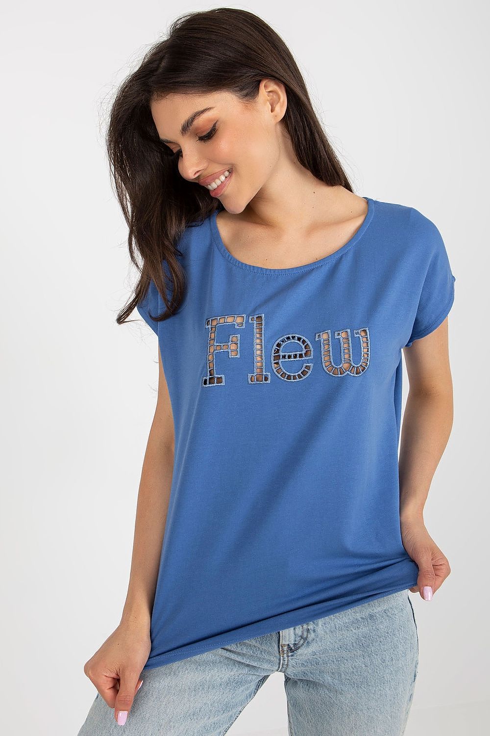 Luxury women's casual blue cut t-shirt by Fancy featuring decorative cut-out inscription 'Flew', perfect for stylish everyday wear.