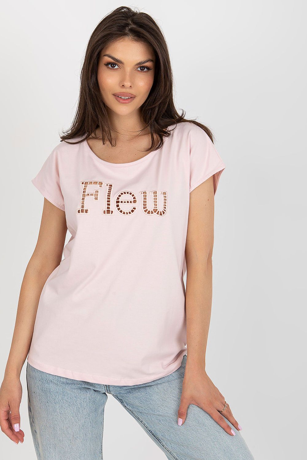 Luxury women's casual pink cut t-shirt by Fancy showcasing a decorative cut-out inscription 'Flew', ideal for a chic casual look.