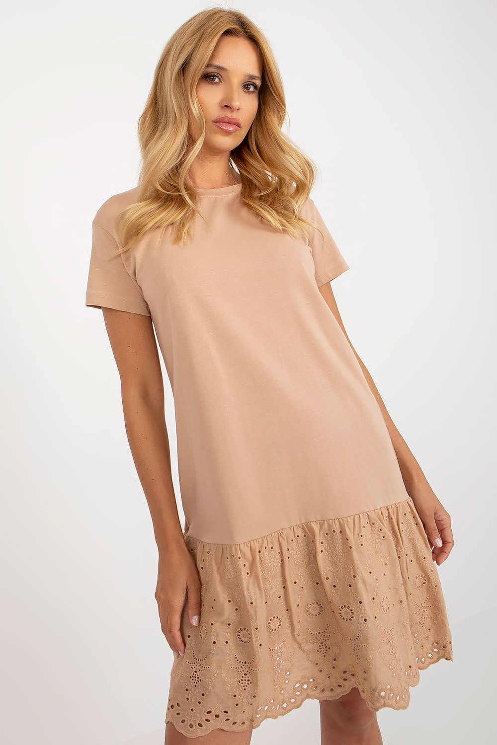 Elegant summer cotton dress by Fancy, featuring short sleeves, a round neckline, and a decorative ruffle with an intricate openwork pattern at the hem, exuding a luxurious and stylish appeal.