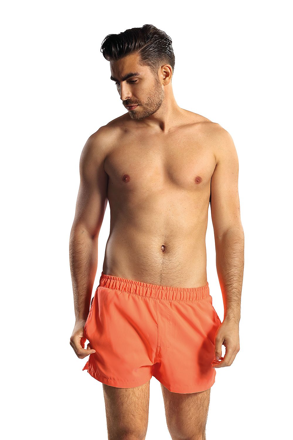 Luxury Lorin Swim Trunks in vibrant orange showcased on a model featuring a comfortable waist tie, highlighting soft polyester fabric perfect for summer styling.
