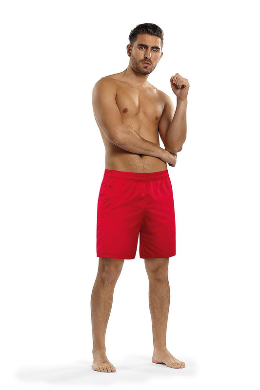 Lorin Luxury Men's Swimming Trunks in vibrant red, designed for supreme comfort and style, featuring an elastic waistband and a fitted torso, model showcasing a confident pose on a white background.