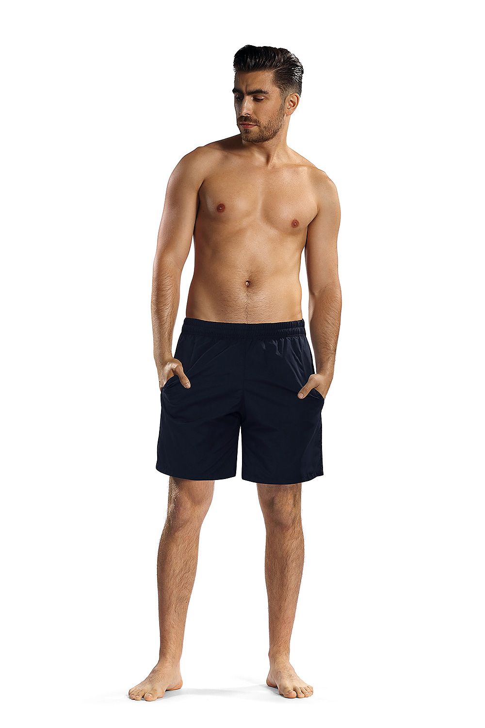 Lorin men's luxury swim trunks in navy blue with elastic waist tie, featuring slip pockets, designed for comfort and style.