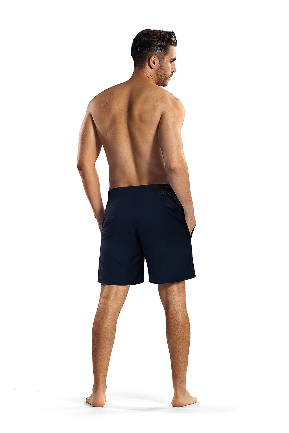 Back view of Lorin men's luxury swim trunks in navy blue, showcasing the elastic waistband and modern fit.