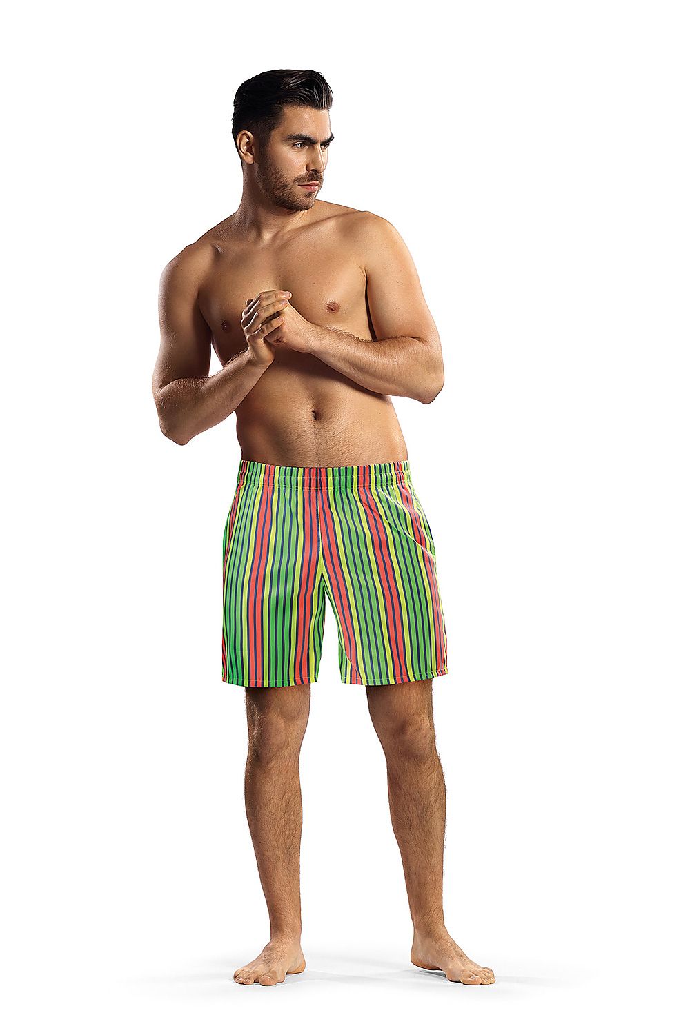 Lorin Men's Lined Swim Trunks featuring vibrant striped design, elegant soft fabric, and an elastic waistband, showcased on a model in a luxury setting.