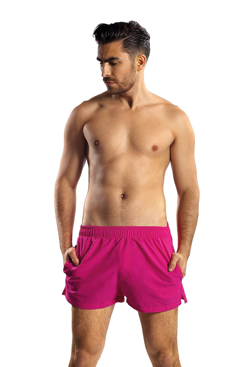 Lorin luxury swim trunks in vibrant pink, featuring a lined design, soft fabric, and an elastic waistband. Perfect for a stylish summer look.