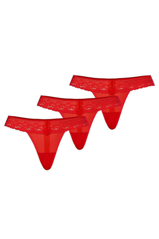 Luxurious Teyli women's juicy red thong tripack featuring elegant mesh and lace design; perfect for a romantic gift on special occasions.
