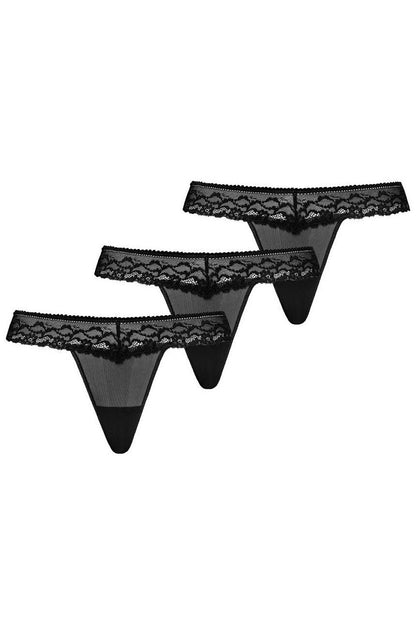 Sophisticated Teyli black thong tripack featuring exquisite lace and mesh for an alluring look and elegant feel.