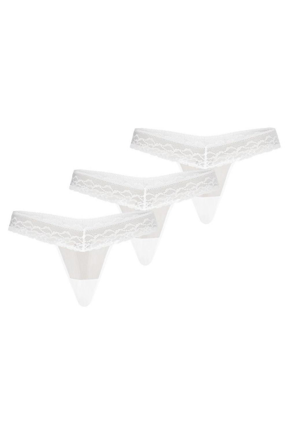 Stylish Teyli white thong tripack featuring luxurious lace and mesh, embodying purity and sophistication in women's lingerie.