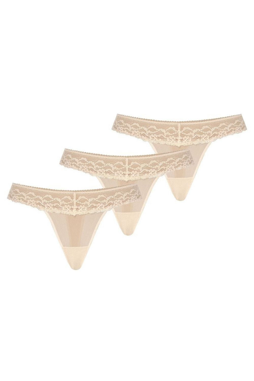 Sophisticated three-pack of beige lace thongs from Teyli, featuring exquisite mesh textures for a luxurious and stylish underwear option.