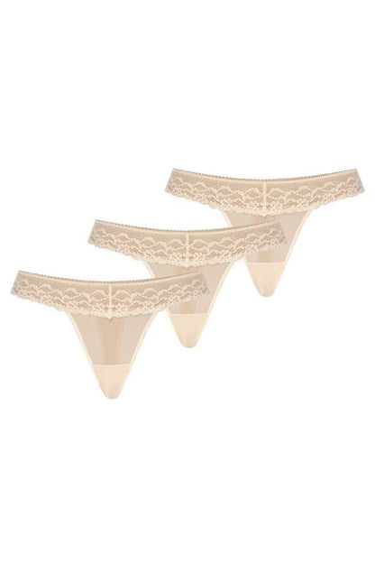Sophisticated three-pack of beige lace thongs from Teyli, featuring exquisite mesh textures for a luxurious and stylish underwear option.