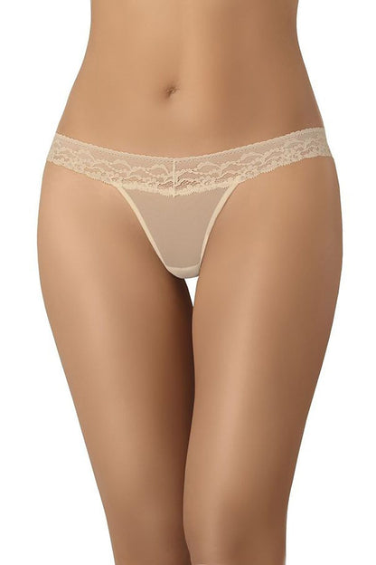 Teyli exquisite women's thong in nude with delicate lace detailing, presenting a flattering front view that epitomises refined femininity.
