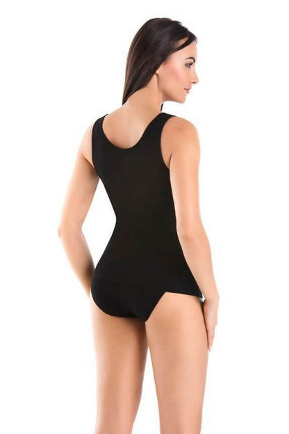 Sophisticated back view of Teyli women's black cotton top, showcasing its sleek design and exquisite craftsmanship, perfect for stylish layering.