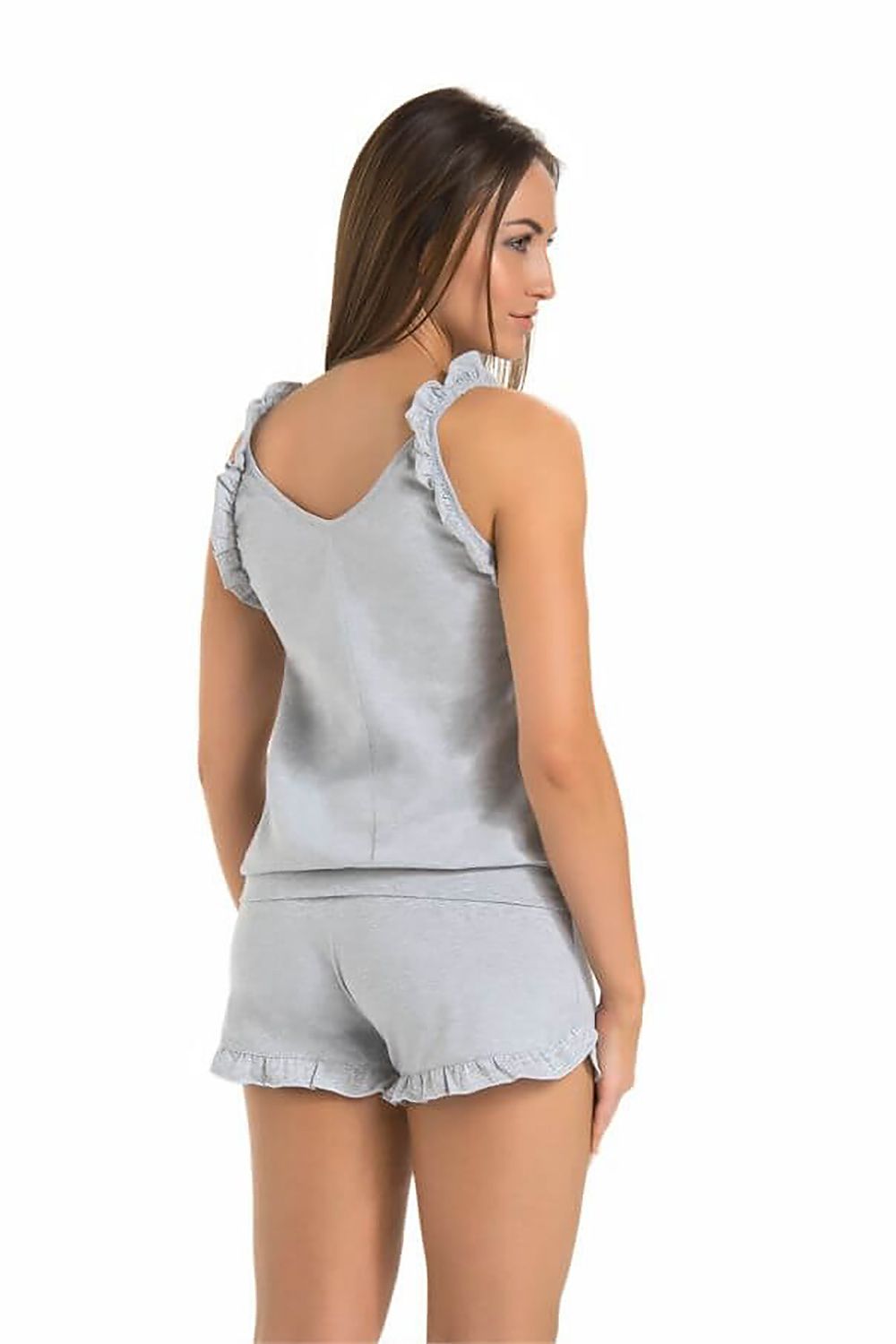 Stylish back view of grey viscose pyjama set with frill detail, model wearing shorts and shirt by Teyli, exuding comfort and elegance.