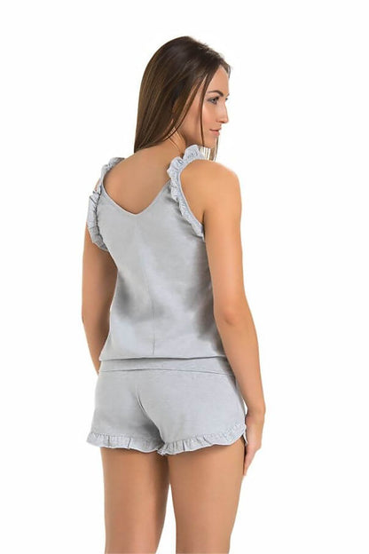 Stylish back view of grey viscose pyjama set with frill detail, model wearing shorts and shirt by Teyli, exuding comfort and elegance.