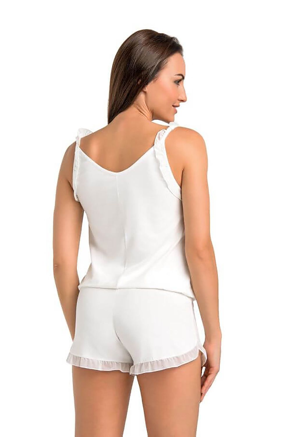 Elegant back view of a luxurious viscose pyjama set from Teyli, featuring a delicate frill detail on the straps and shorts, ideal for stylish sleepwear.