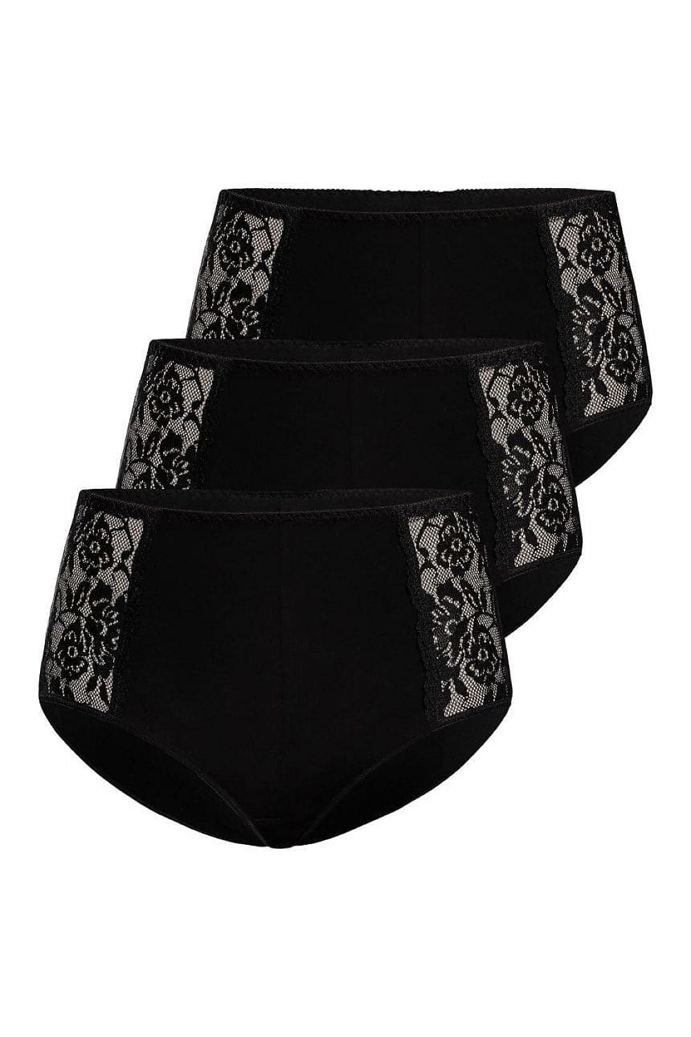 Elegant Teyli high-waisted cotton panties set in black, featuring intricate lace floral detailing on the sides, ideal for comfort and style.