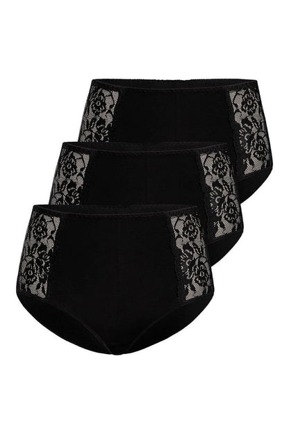 Elegant Teyli high-waisted cotton panties set in black, featuring intricate lace floral detailing on the sides, ideal for comfort and style.