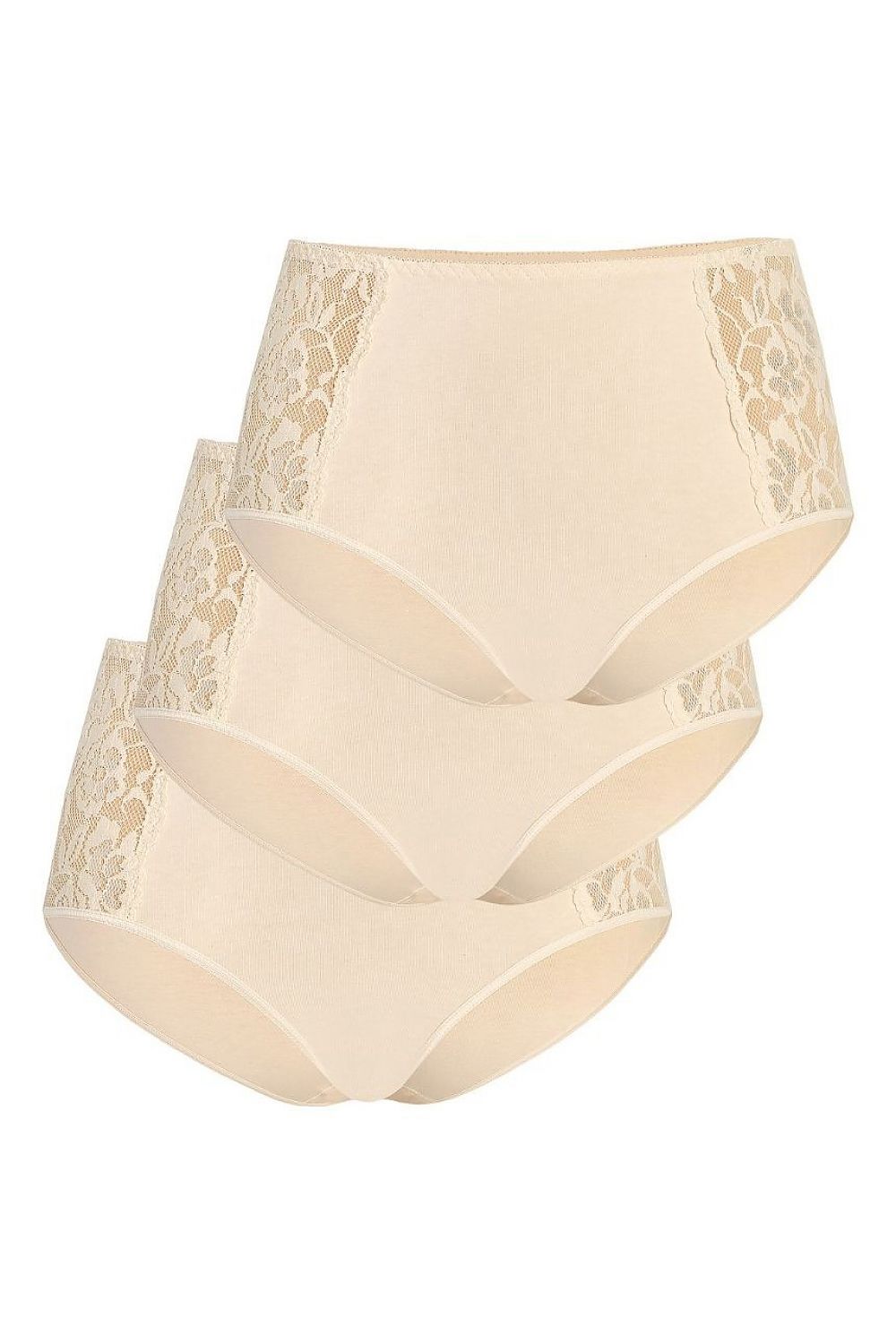 Set of three Teyli high-waisted cotton panties in nude, elegantly embellished with floral lace, offering a blend of comfort and sophistication.