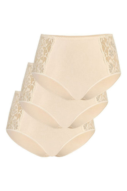 Set of three Teyli high-waisted cotton panties in nude, elegantly embellished with floral lace, offering a blend of comfort and sophistication.