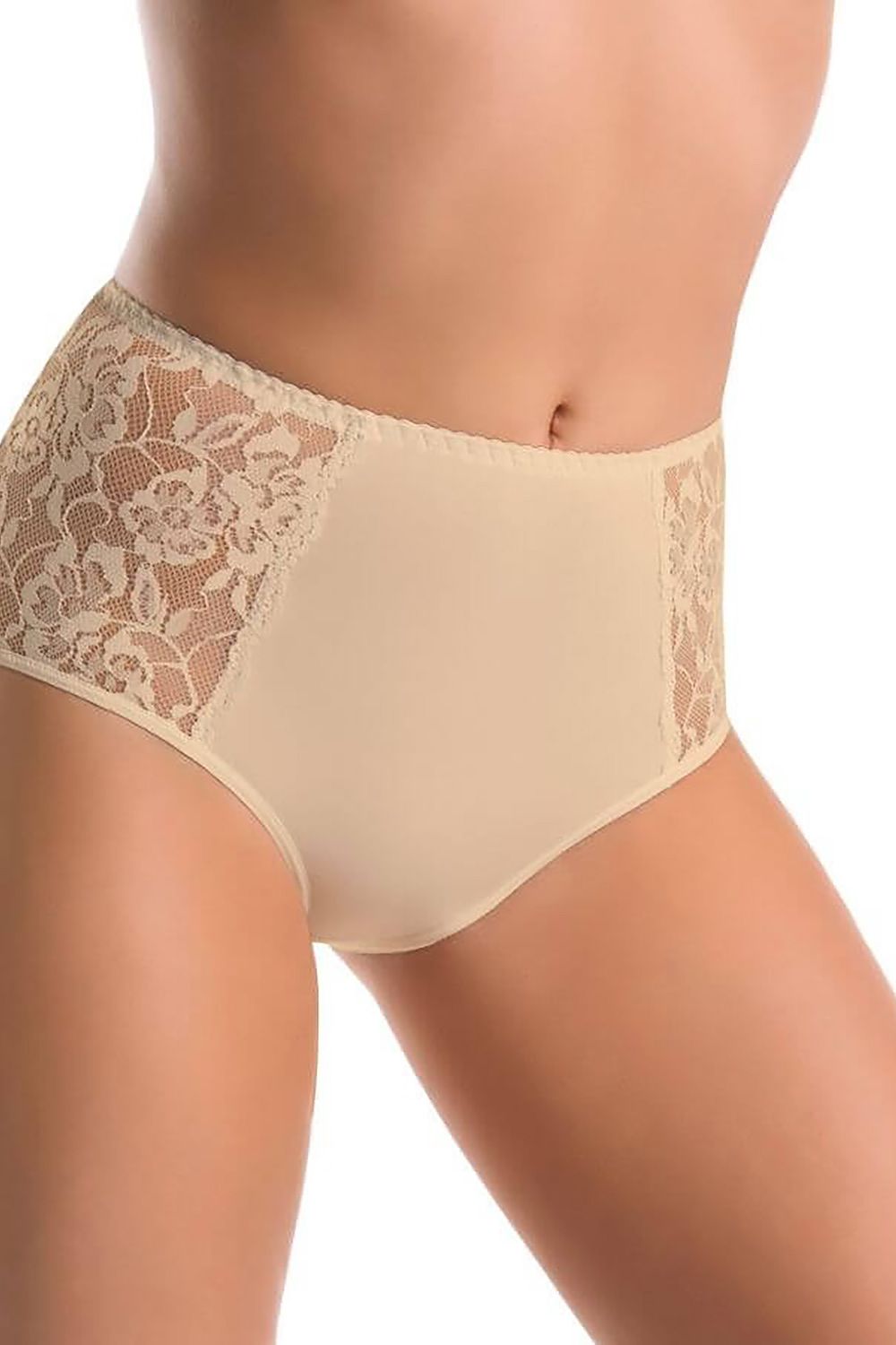 Elegant high-waisted women's cotton panties from Teyli, featuring delicate floral lace details on the sides, presented in a sophisticated beige shade.