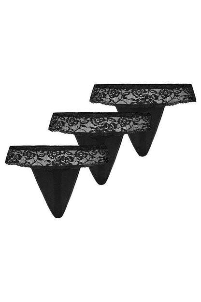 Teyli Women's luxurious black lace thong set featuring a three-pack design with fine mesh detailing, elegantly showcasing delicate lace around the hips, perfect for a sophisticated style.