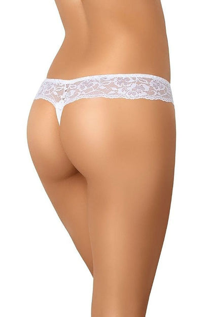 Sophisticated back view of Teyli Women's White Lace Thong, highlighting intricate lace and a graceful thong silhouette.